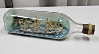 Vintage Folk Art Ship - In - A - Bottle / Diorama / 3 Mast Schooner Light House