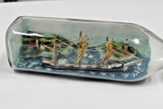Vintage Folk Art Ship - in - a - Bottle / Diorama / 3 Mast Schooner Light House 2