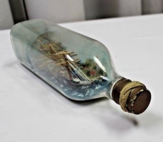 Vintage Folk Art Ship - in - a - Bottle / Diorama / 3 Mast Schooner Light House 3
