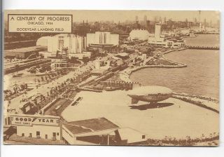 Sepia Tone,  Goodyear Blimp,  Landing Field,  Century Of Progress,  Chicago,  Il 1934