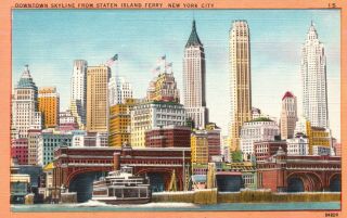York City,  Ny,  Downtown Skyline From Staten Island Ferry,  Old Postcard G5021