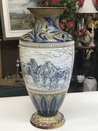 Antique Doulton Lambeth Signed Hannah Barlow Sgraffito Pottery Horse Vase
