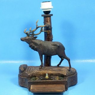 Antique German Black Forest Carved Table Lamp Double Inkwell Pen Tray Stag Fnw