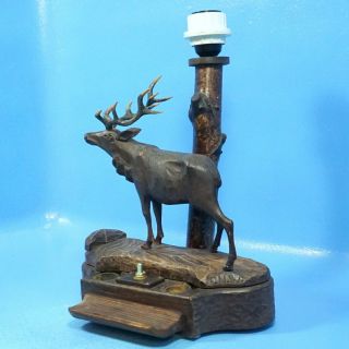 Antique German Black Forest Carved Table LAMP DOUBLE INKWELL PEN TRAY Stag FNW 2