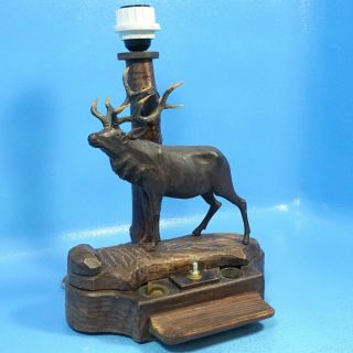 Antique German Black Forest Carved Table LAMP DOUBLE INKWELL PEN TRAY Stag FNW 3