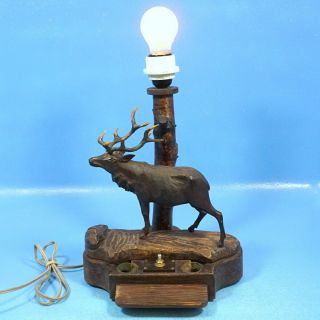 Antique German Black Forest Carved Table LAMP DOUBLE INKWELL PEN TRAY Stag FNW 5