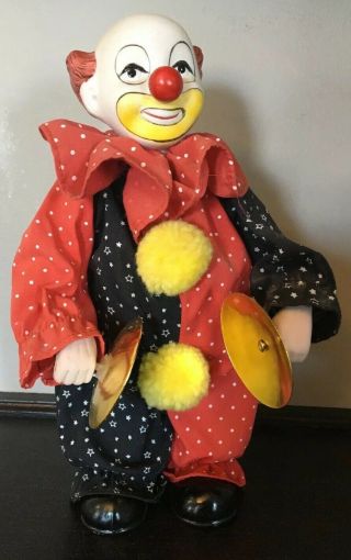 Vintage Porcelain Wind Up - Musical Moving 10 " Clown Doll,  Holding Cymbals