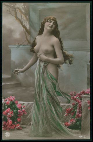 French German ? Nude Woman Long Hair 1910s Tinted Color Photo Postcard
