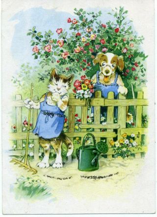 1958 Cat Dog Gardening German Ddr Postcard