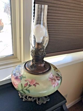 Vtg Oil Lamp Hand Painted Brass Cast Iron Hurricane Lamp Converted To Electric