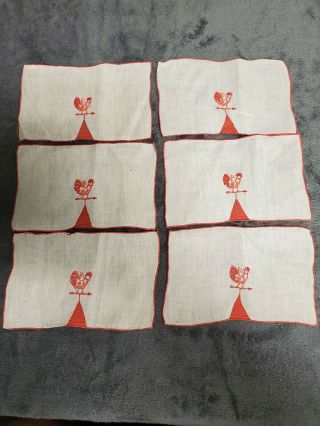 " Weather Cock " Vtg Marghab Madeira Embroidery Cocktail Napkins Red (6)