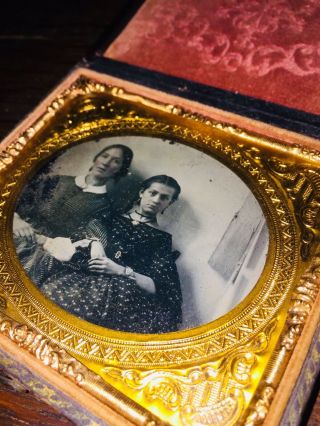 Striking Victorian Era 6th Plate Ruby Ambrotype Despondent Mother & Daughter