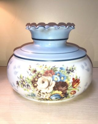 Large Antique Glass Hand Painted Blue Flower Oil Lamp Shade 10” Base
