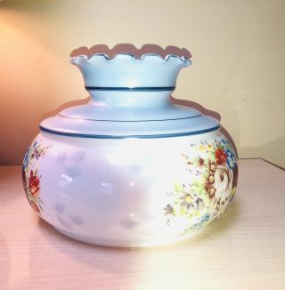 LARGE ANTIQUE GLASS HAND PAINTED BLUE FLOWER OIL LAMP SHADE 10” BASE 4