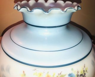 LARGE ANTIQUE GLASS HAND PAINTED BLUE FLOWER OIL LAMP SHADE 10” BASE 5