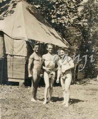 Proud Nude Muscle Men Wearing Just A Leaf By Tent Old Beefcake Photo