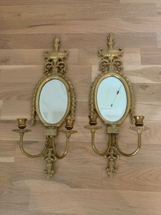 Pair Vintage Wall Mounted Sconce Candle Holders With Mirror Double Arm Brass