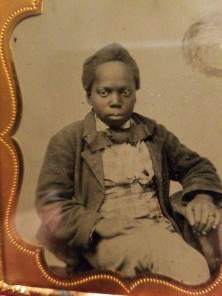 Rare 1/6 Ambrotype Seated African American Boy W/ Tie.  Hand Colored.