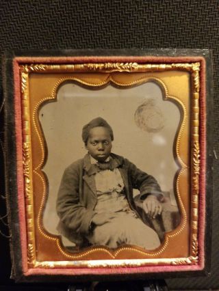 Rare 1/6 Ambrotype Seated African American Boy w/ Tie.  Hand Colored. 2