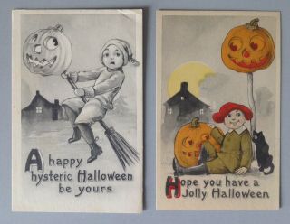 Vintage Bergman Halloween Postcards (2) Series 9029 - Happy,  Hysteric,  Jolly.