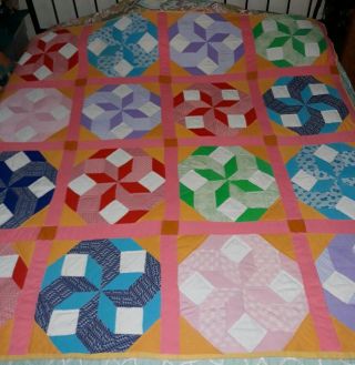 Vintage Handmade Hand Sewn Quilt Pinwheel Pattern 75 " X 75 " Bright Colors