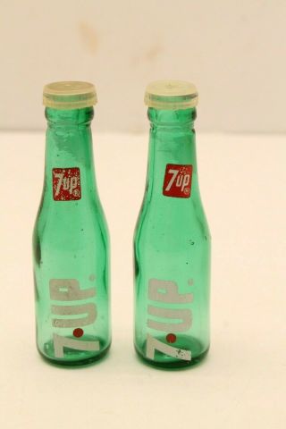 Vintage 7 - Up Salt & Pepper Shaker Set 1975 Green Glass Bottle