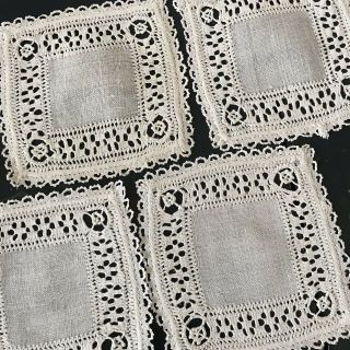 Set Of 10 Vintage Linen Coasters With Reticella Lace