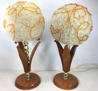 Vintage Mid Century Modern Orange White Spaghetti Table Lamp Pair 17 " Wood Base