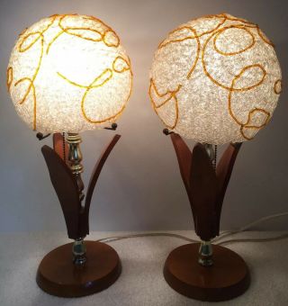 VINTAGE Mid Century Modern Orange White Spaghetti Table Lamp Pair 17 