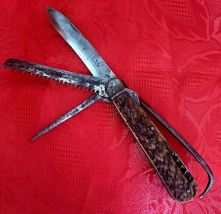 Knife Rare Antique 19th French Tival A Moulins Multi - Blade Stag Couteau Ancien