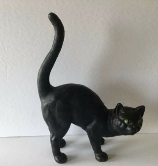 Vintage Cast Iron Black Cat With Green Eyes And Arched Back Door Stop