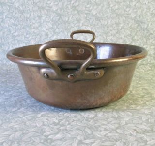 ANTIQUE French Thick Heavy 3kg COPPER JAM PAN 6.  9lbs Cook Pot Bowl BRASS HANDLE 3
