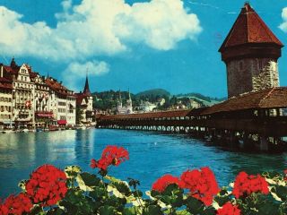 Vintage Postcard Lucerne Switzerland 26023 Chapel Bridge Water Tower