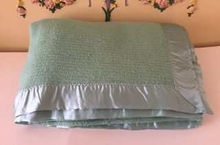 Vtg Cannon King Acrylic Thermal Blanket Seafoam Green Satin Binding All Sides