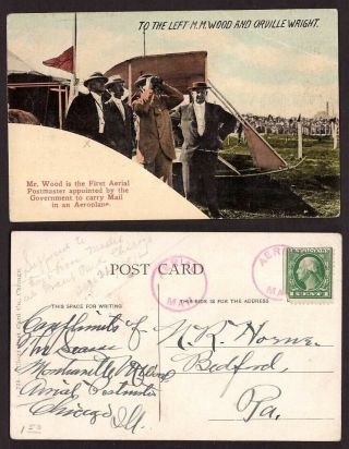 Usa,  1912 Orville Wright Postcard With Chicago Aerial Mail Cancels - Ba55