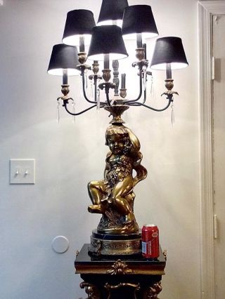Tall Huge Antique French Cherub Brass 9 Arm Candelabra Table Lamp