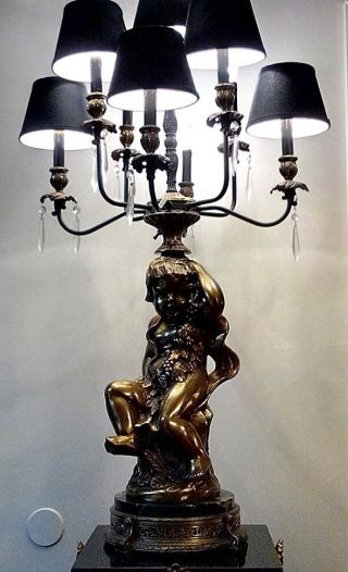 Tall Huge Antique French Cherub Brass 9 Arm Candelabra Table Lamp 2
