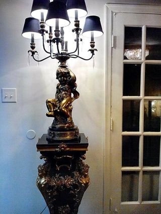 Tall Huge Antique French Cherub Brass 9 Arm Candelabra Table Lamp 3