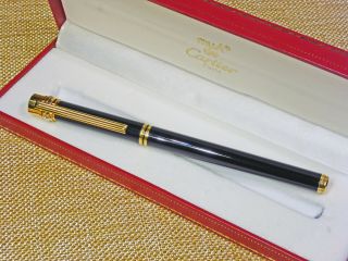 Cartier Fountain Pen Must De Trinity,  Midnight Blue Lacquer With Gold Pinstripe