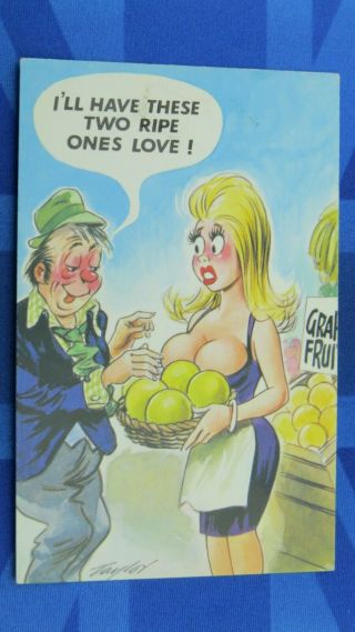 Risque Bamforth Comic Postcard 1970s Big Boobs Ripe Grape Fruit Market Store