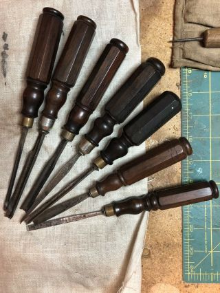 Rare Set Of 7 Vintage Antique Carving Chisels With Turned Rosewood Handles