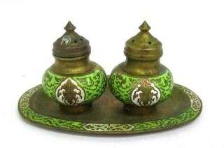Vtg Green Upside Down Buddha Salt And Pepper Shakers With Tray