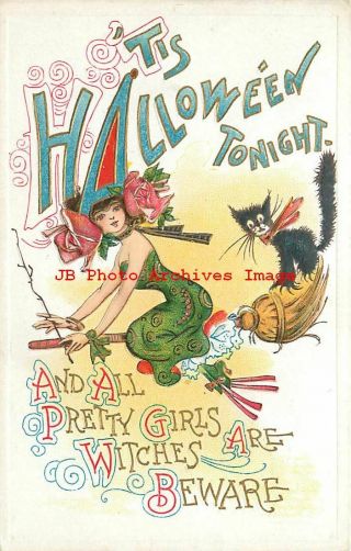 Halloween,  J Marks 1910 No 981 - 6,  Dwig,  Witch Riding Broom With Black Cat