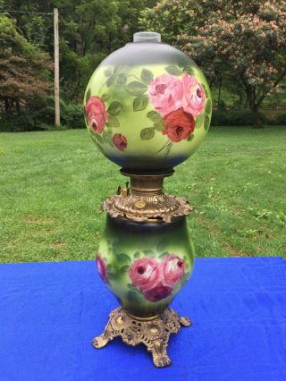 Antique Vintage Floral Gone With The Wind Gwtw Oil Lamp Parlor Banquet Converted
