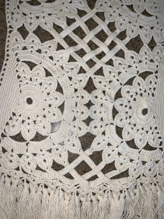 Vintage Unique Heavy Crochet Frindged Table Runner Handmade Large 65” X 23”