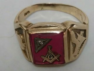 Vintage Masonic 10k Yellow Gold Ruby And Diamond Ring Size 12