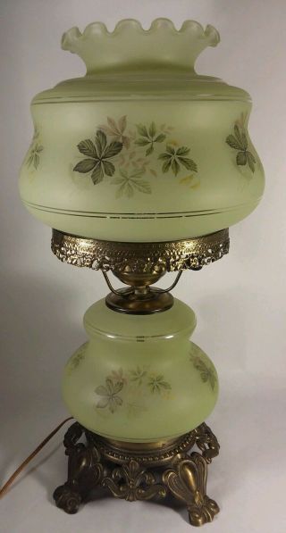 Vintage Gone With The Wind Glass Hurricane Lamp With Green Leaf Motif