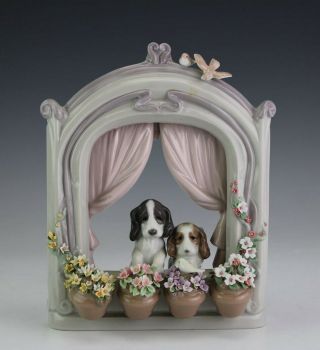 Lladro Spain Please Come Home 6502 Puppies Window Flowers Porcelain Figurine Sms