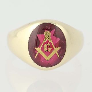 Blue Lodge Master Mason Ring 10k Gold Synthetic Red Spinel Men 