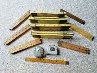 Vintage Stanley Wooden Folding Rulers (11) And 2 Tape Measures.  Good Cond.
